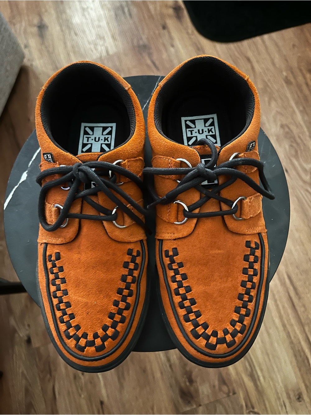 T.U.K. Orange Suede Pointed Toe Creepers with Skull and Bones Sole. Orange Suede